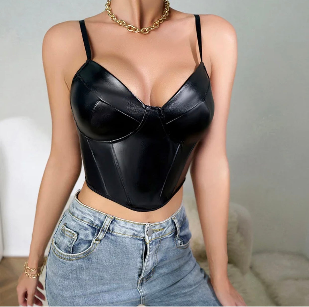 Sexy Black Leather Crop Top