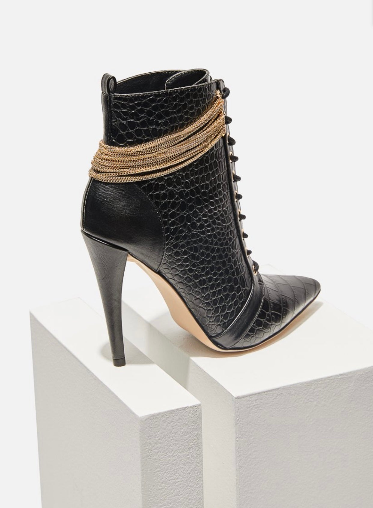 Keep me high chain detail stiletto bootie